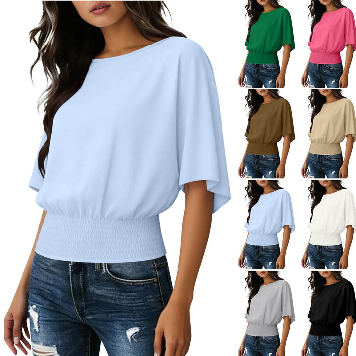 Solid Color Stylish Relaxed Fit Slightly Casual Short Sleeve T-shirt With A Round Neckline And Ruffled Hem