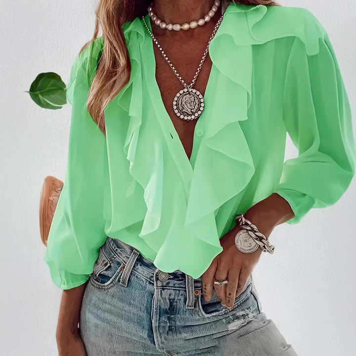 Ruffled-trim Shirt V-neck Long-sleeve Top Daily Commute Women&