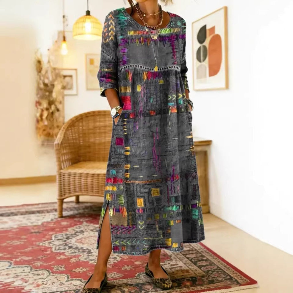 3D-printed Pattern Pocketed Crew-neck Dress