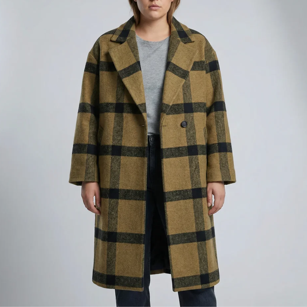 Long Plaid Colorblock Overcoat for Women