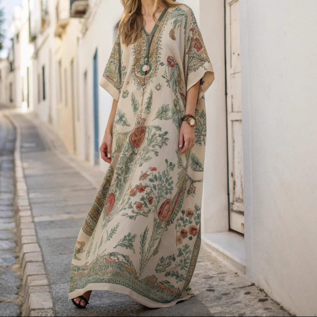 Five-quarter-sleeve Long Caftan Dress With Patch Pockets