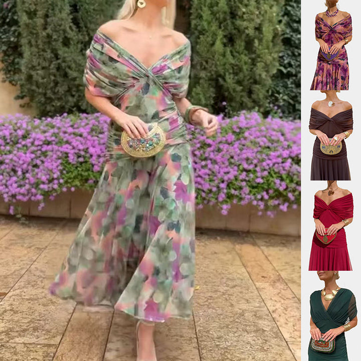 Chiffon Short-sleeved Dress Summer Fashion Print V-neck Long Dress, Women&
