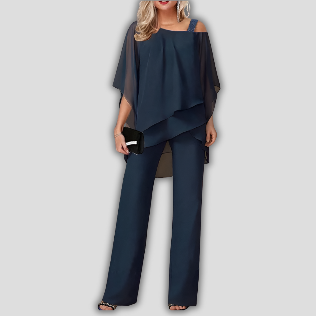 Elegant Two-Piece Chiffon Layered Cape Pantsuit for Women