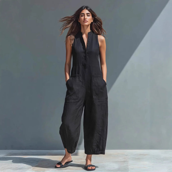 Summer Sleeveless Jumpsuit With Pockets Fashion Casual V-Neck Buttons Trousers Women&