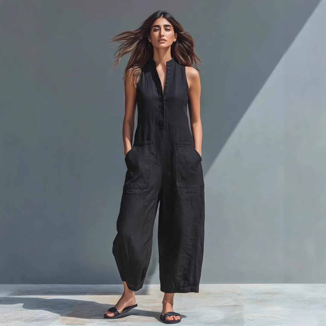 Summer Sleeveless Jumpsuit With Pockets Fashion Casual V-Neck Buttons Trousers Women&amp;