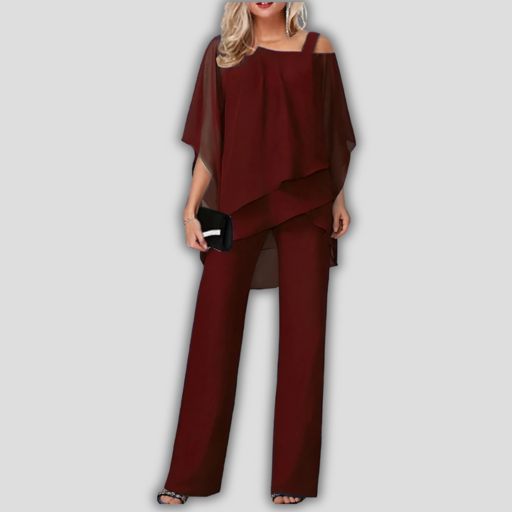 Elegant Two-Piece Chiffon Layered Cape Pantsuit for Women