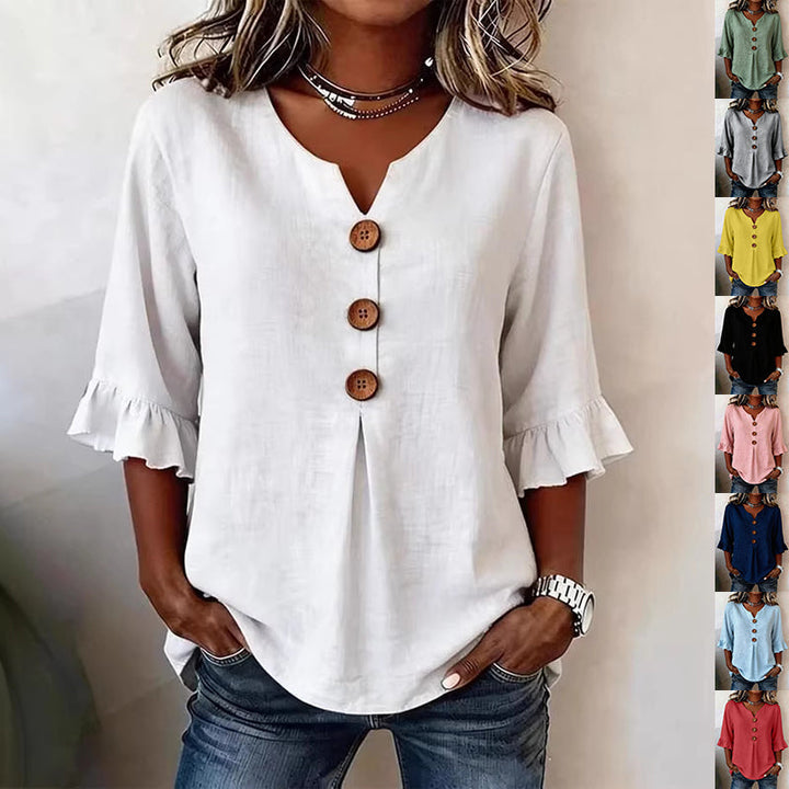 Summer Ruffled-Sleeve Top Loose Casual V-Neck Buttons Short-sleeved Shirts Women&amp;