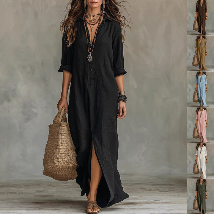 Long-sleeve Maxi Dress Casual Solid Color Lapel Collar Side Slit Beach Dresses Women&