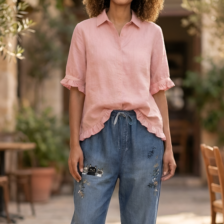 Button Down Cotton Blouse with Ruffled Hem