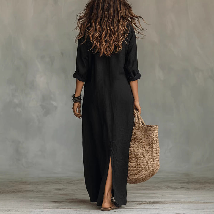 Long-sleeve Maxi Dress Casual Solid Color Lapel Collar Side Slit Beach Dresses Women&