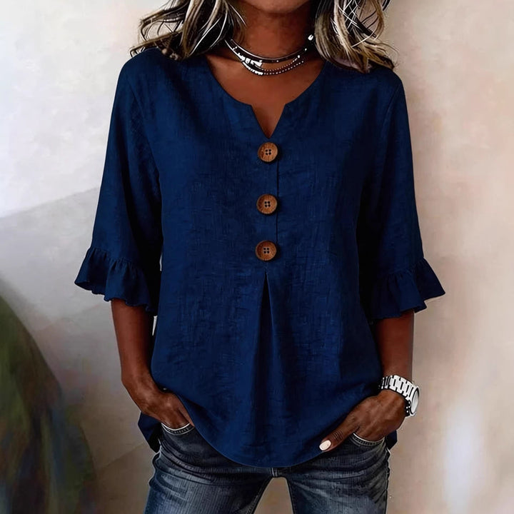 Summer Ruffled-Sleeve Top Loose Casual V-Neck Buttons Short-sleeved Shirts Women&amp;