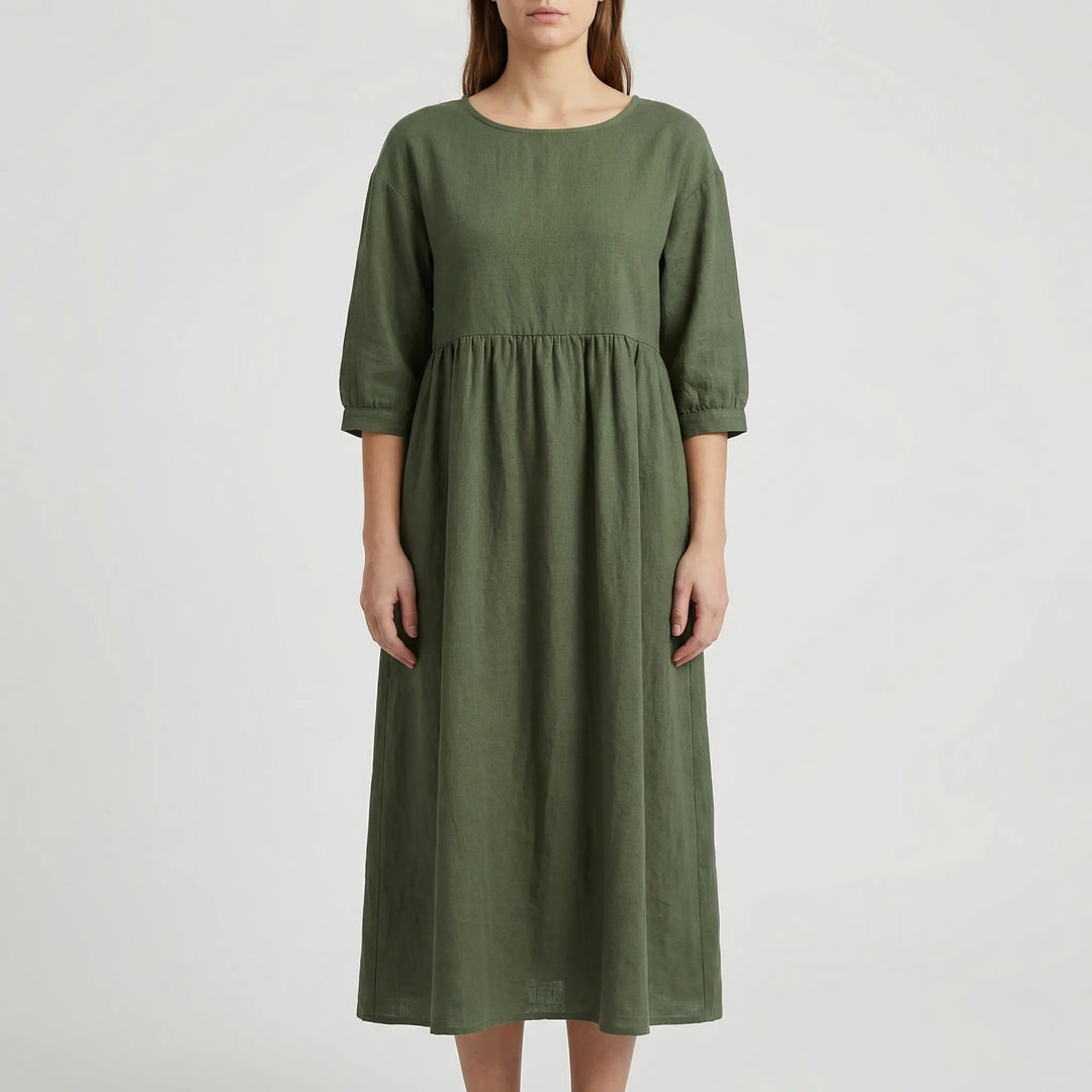 Florvana - 3/4 Sleeve Smocked Bodice Midi Dress
