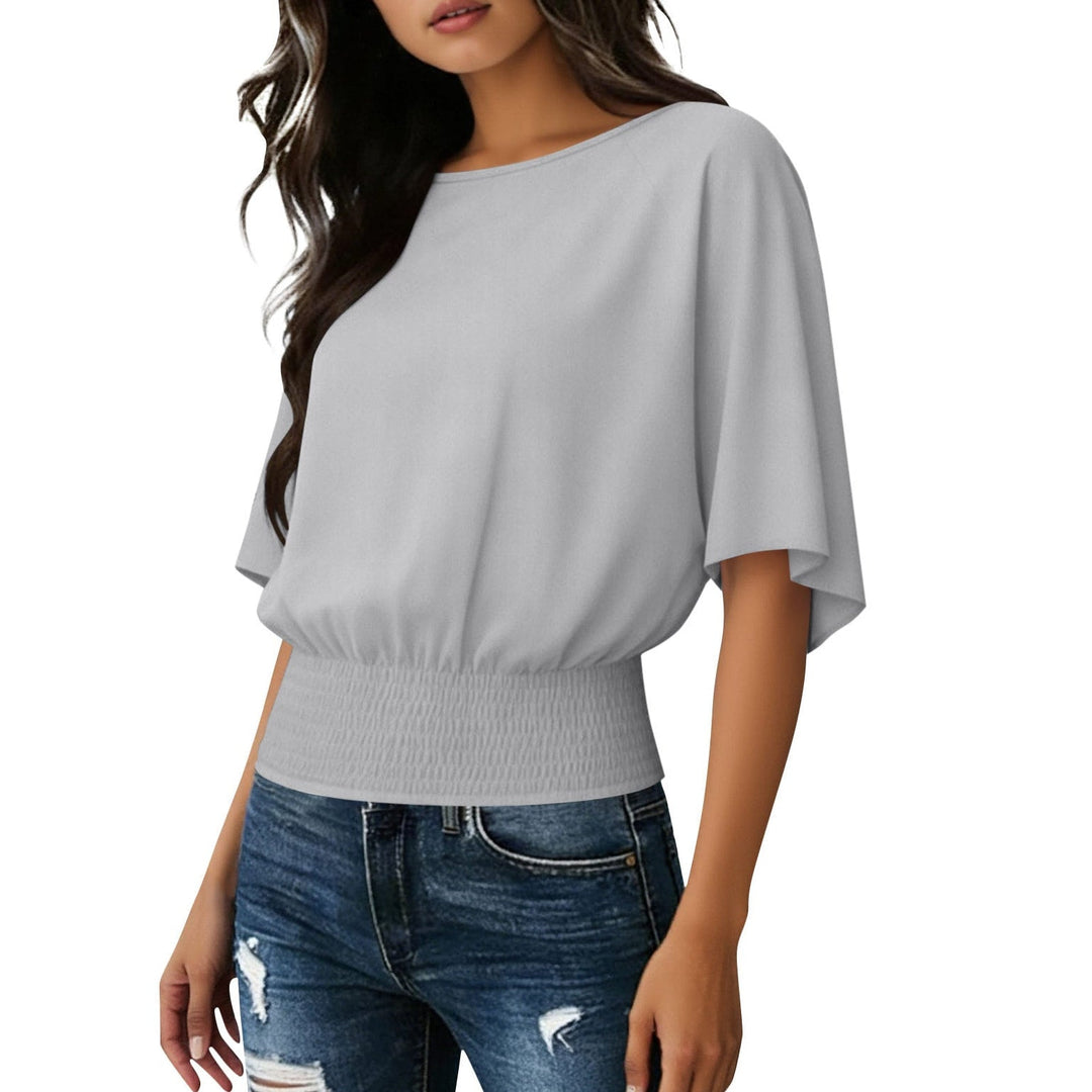 Solid Color Stylish Relaxed Fit Slightly Casual Short Sleeve T-shirt With A Round Neckline And Ruffled Hem