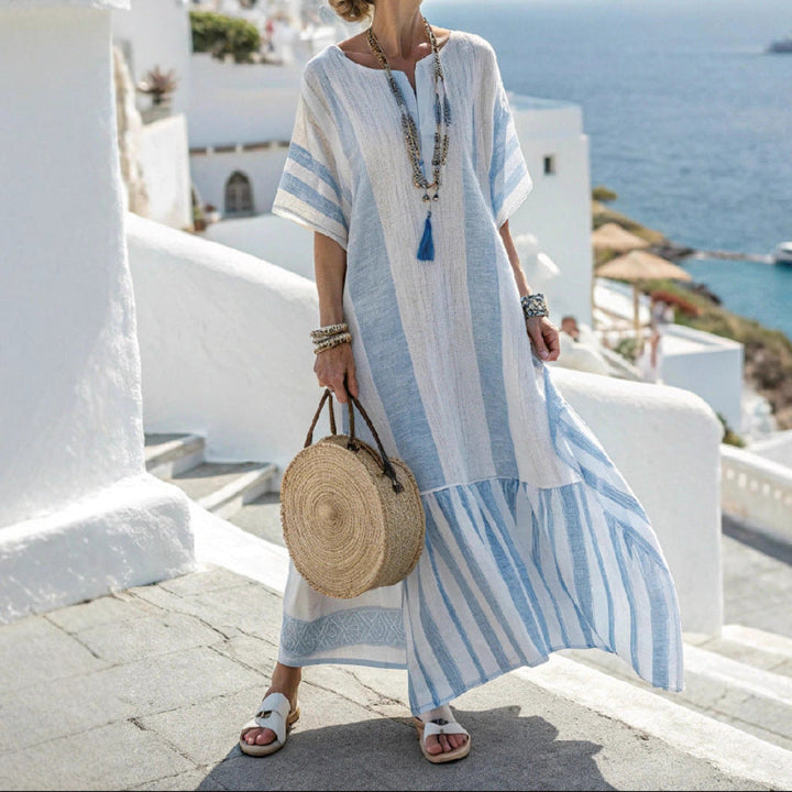 Five-quarter-sleeve Long Caftan Dress With Patch Pockets