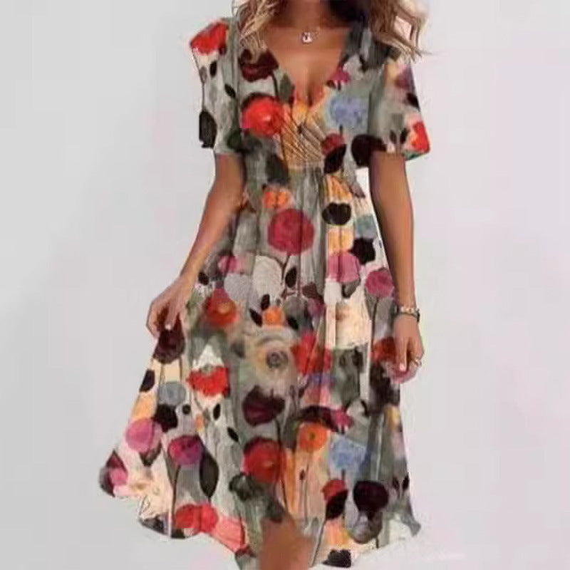 Flowers Printed V-neck Dress Summer A-line Short-sleeved Dresses For Women