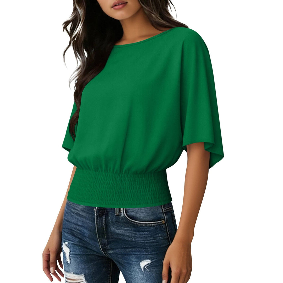 Solid Color Stylish Relaxed Fit Slightly Casual Short Sleeve T-shirt With A Round Neckline And Ruffled Hem