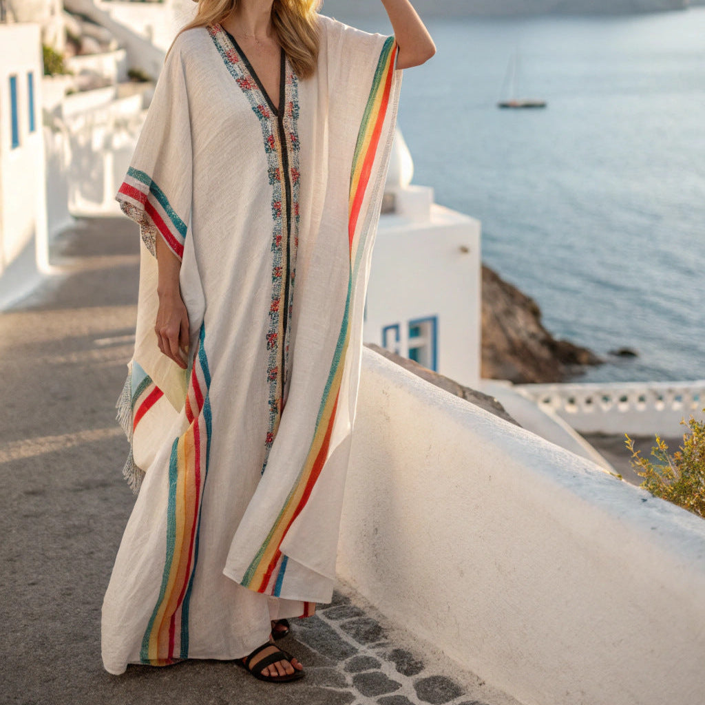 Five-quarter-sleeve Long Caftan Dress With Patch Pockets