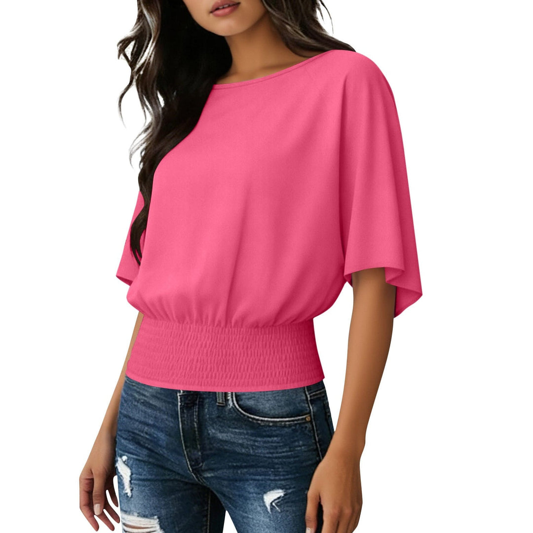 Solid Color Stylish Relaxed Fit Slightly Casual Short Sleeve T-shirt With A Round Neckline And Ruffled Hem