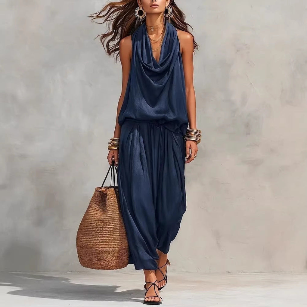 Womens Draped-Neck Vest And Casual Pants Set