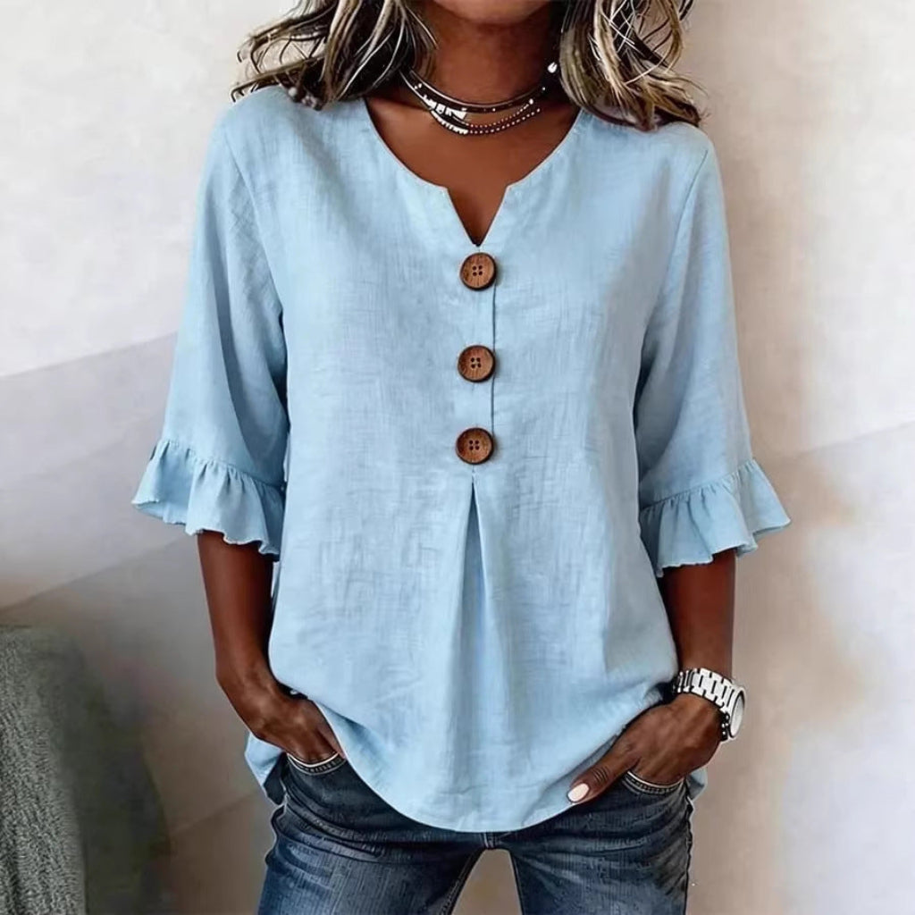 Summer Ruffled-Sleeve Top Loose Casual V-Neck Buttons Short-sleeved Shirts Women&amp;