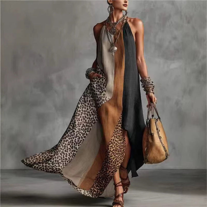 Split-neck Sleeveless Dress Colorful Printed Long Gown