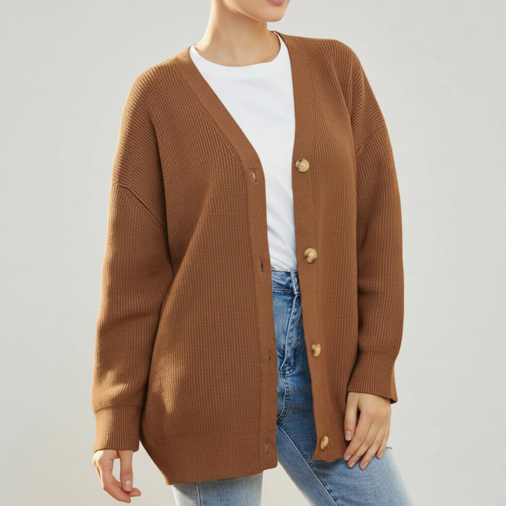 Oversized V-Neck Cardigan with Button Closure for Women