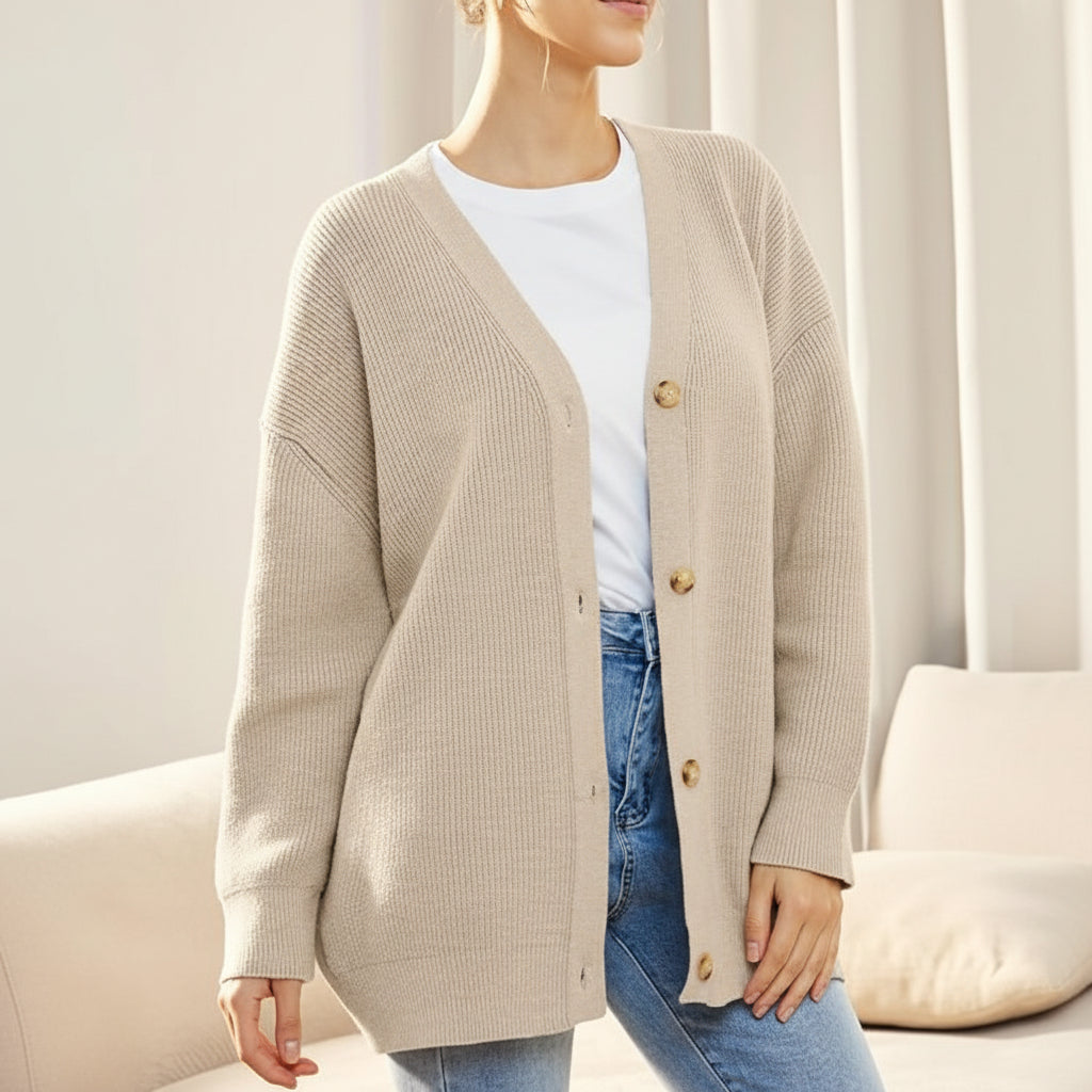 Oversized V-Neck Cardigan with Button Closure for Women