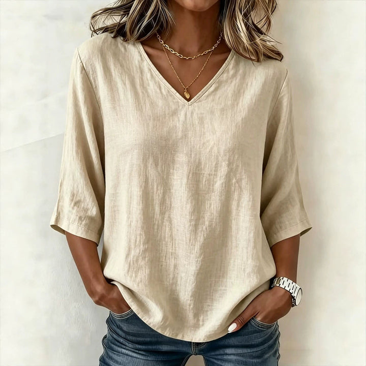 Womens Solid-color Casual Loose-fitting Fashionable V-neck Top