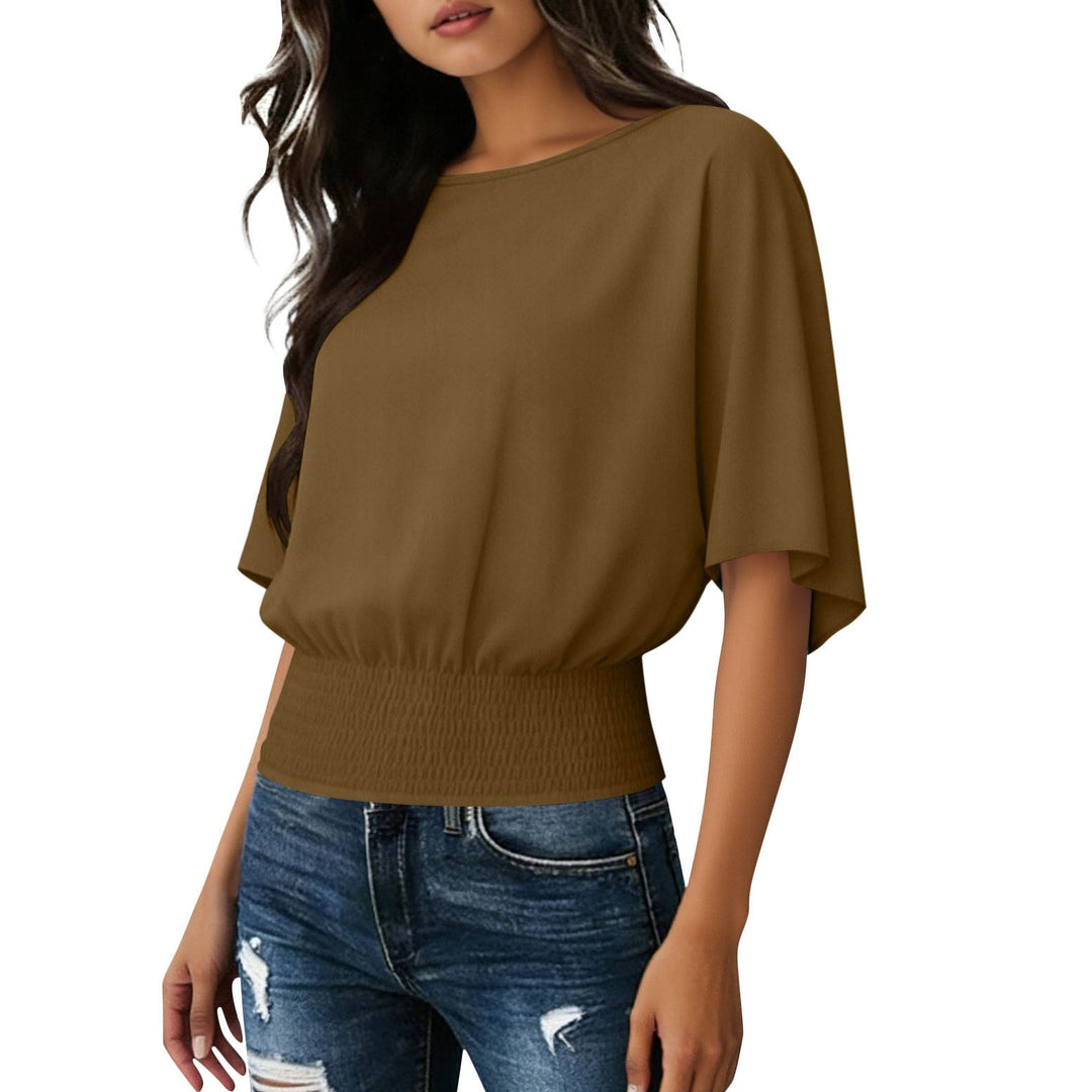 Solid Color Stylish Relaxed Fit Slightly Casual Short Sleeve T-shirt With A Round Neckline And Ruffled Hem