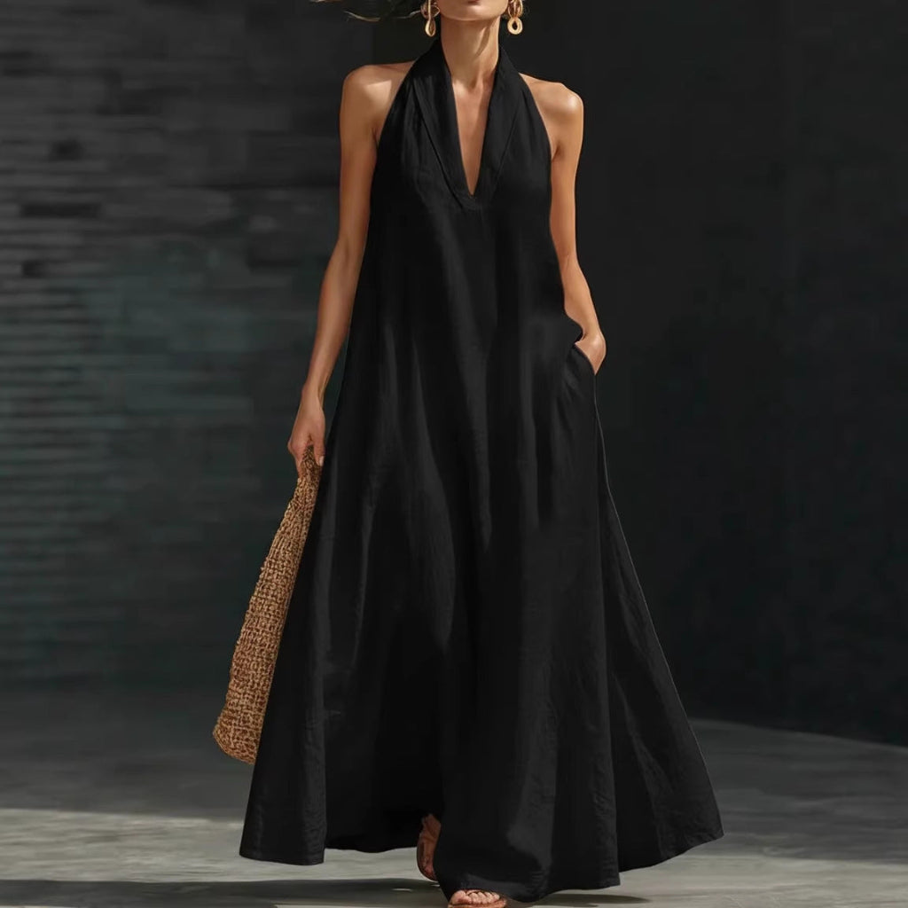 Casual V-neck Dress Halter Style Long Dress For Women's Casual Solid Color A-line Dress For Daily Wear