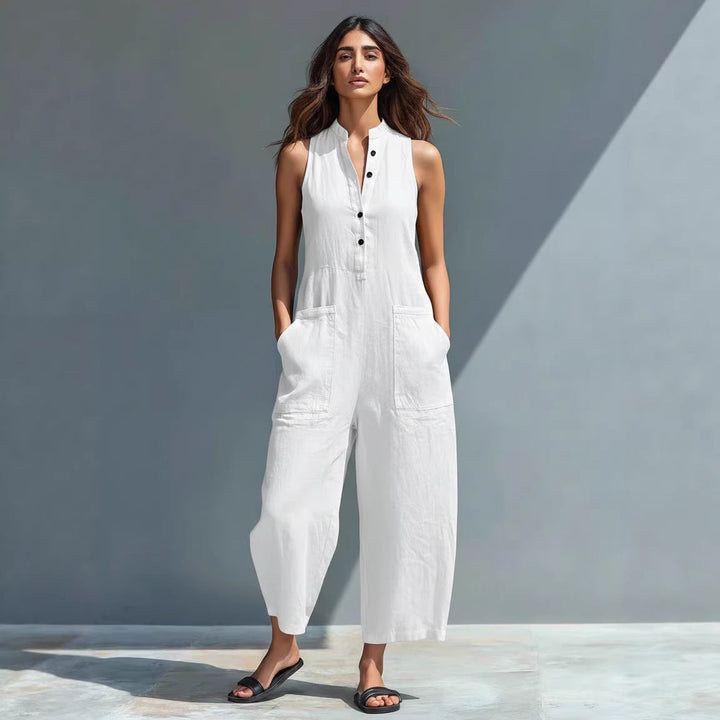 Summer Sleeveless Jumpsuit With Pockets Fashion Casual V-Neck Buttons Trousers Women&amp;