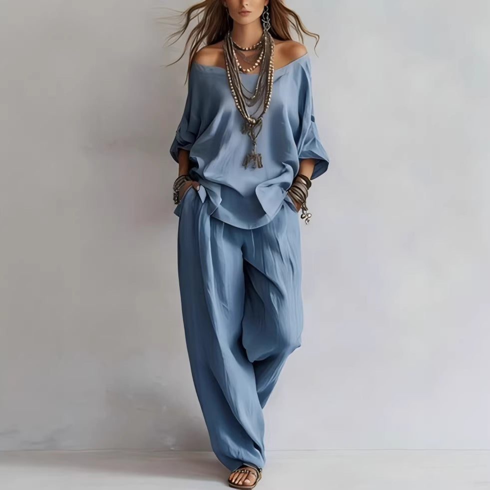 Off-shouder Suits Fashion Three-quarter Sleeves Top And Loose Pockets Wide-Leg Pants Set Women&amp;