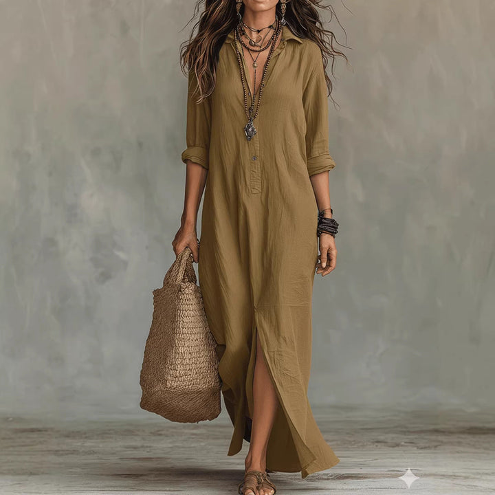 Long-sleeve Maxi Dress Casual Solid Color Lapel Collar Side Slit Beach Dresses Women&