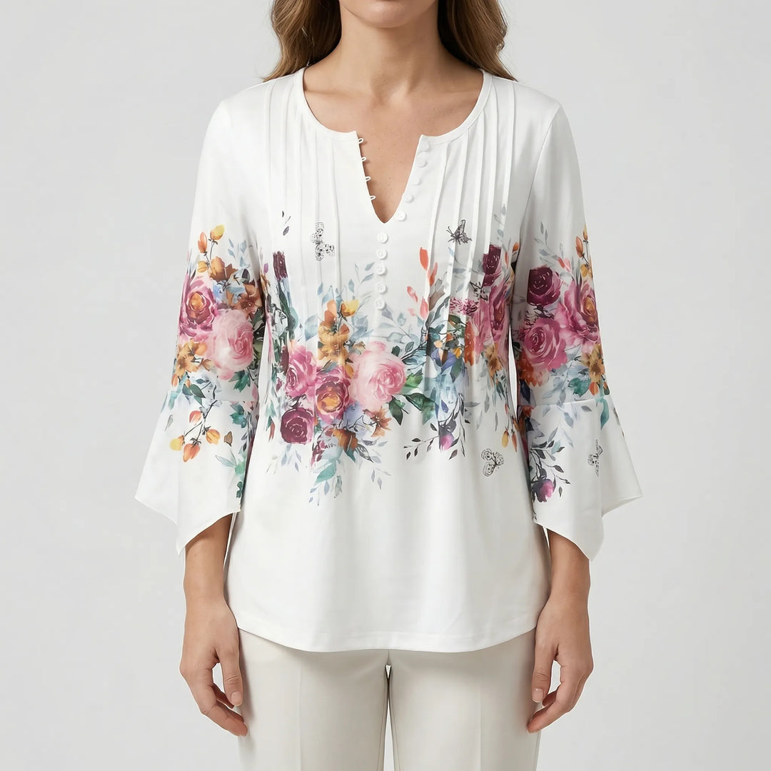 Blossova - Floral Print V-Neck Blouse For Women