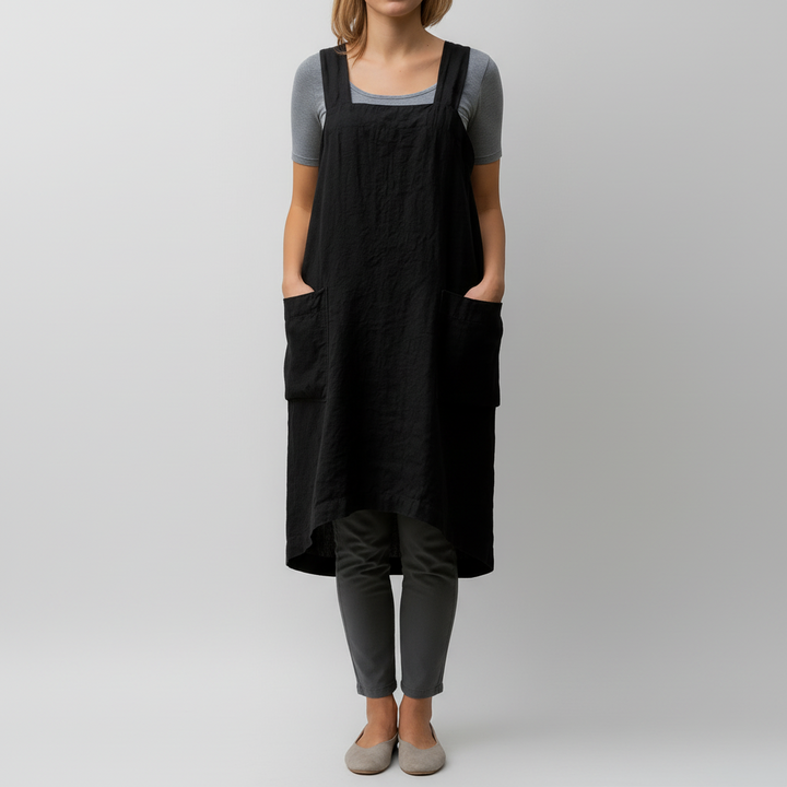 Cotton Linen Apron Style Dress with Pockets for Women