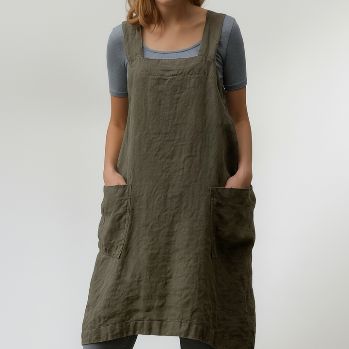 Cotton Linen Apron Style Dress with Pockets for Women