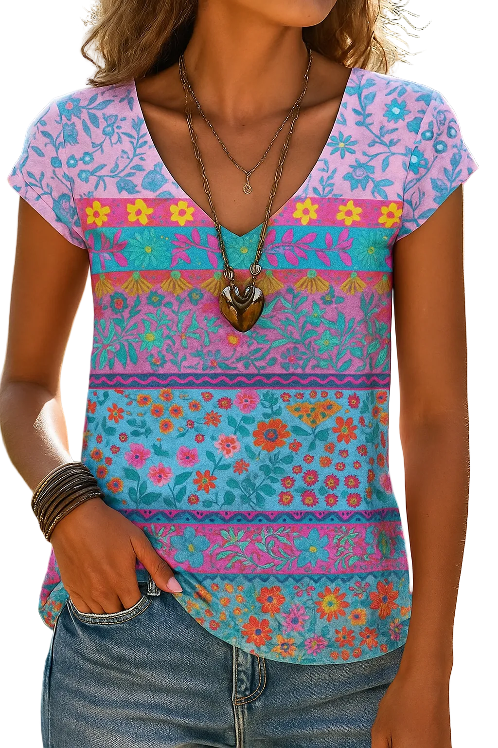 Casual T-Shirt with Floral Print and V-Neck