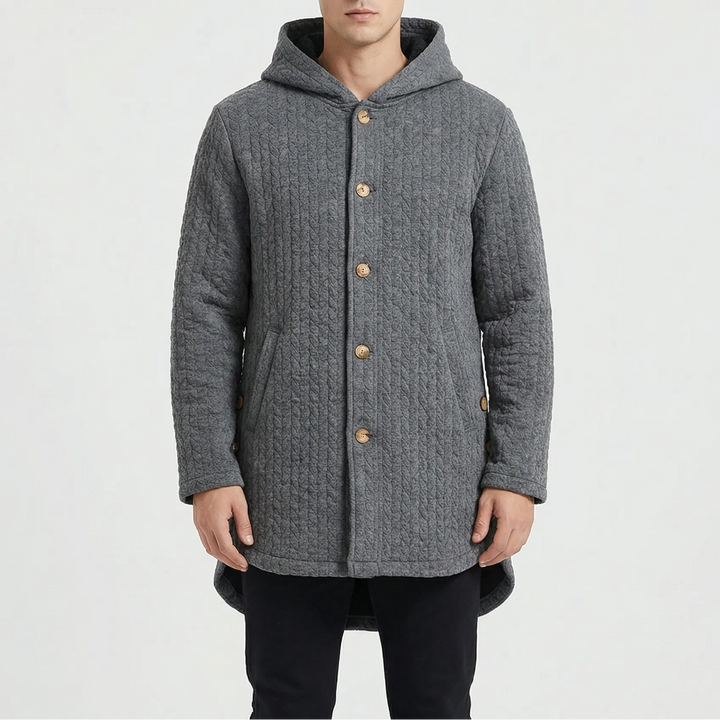 Cozwyn - Hooded Button-Front Textured Coat