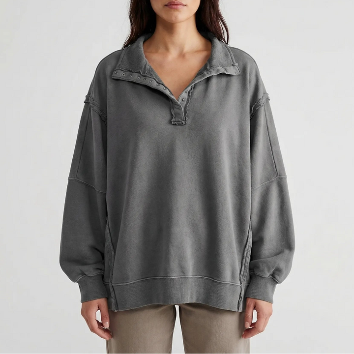 Drapova - Oversized Henley Pullover With Side Split