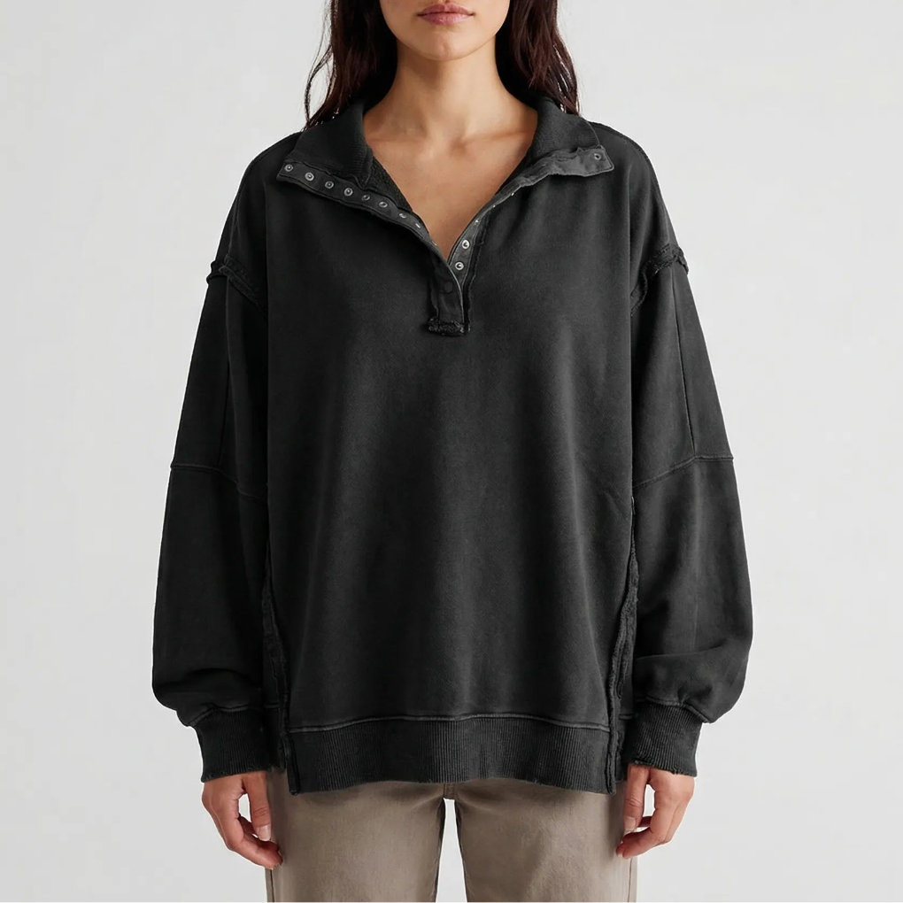 Drapova - Oversized Henley Pullover With Side Split