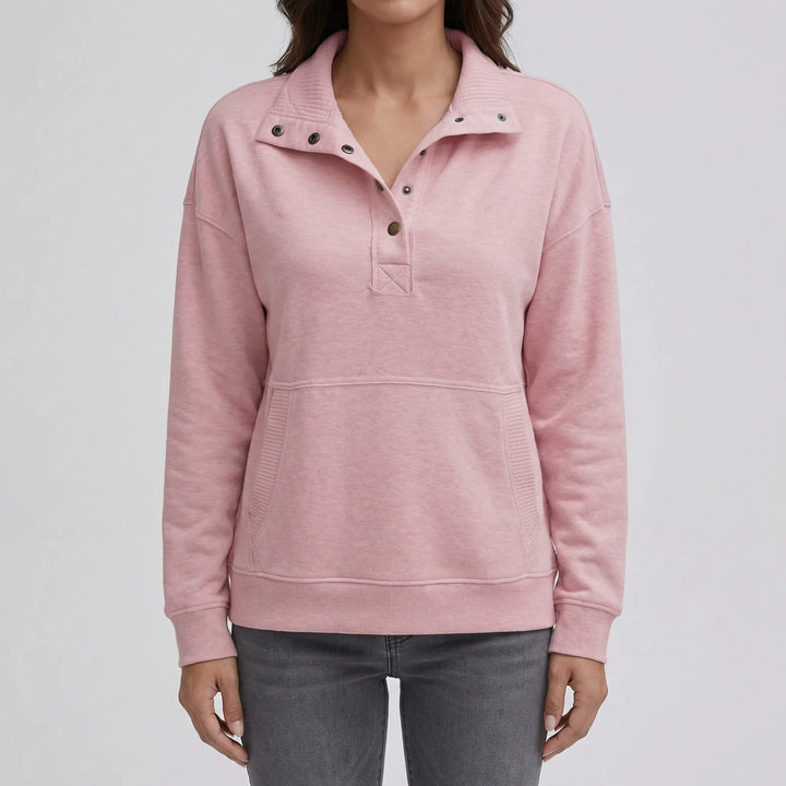 Drawnelle - Stand Neck Button Pullover Sweatshirt