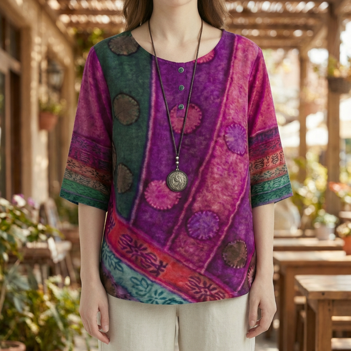 Vintage Print Loose Three-Quarter Sleeve Top