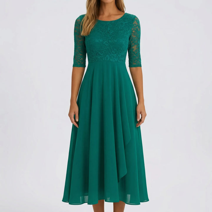 Florawyn - Midi-Length Lace Bodice Dress