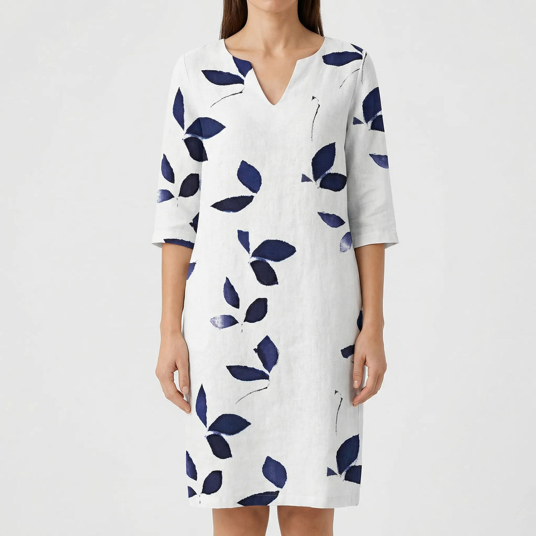 Foliara - Leaf Print V-Neck Midi Dress