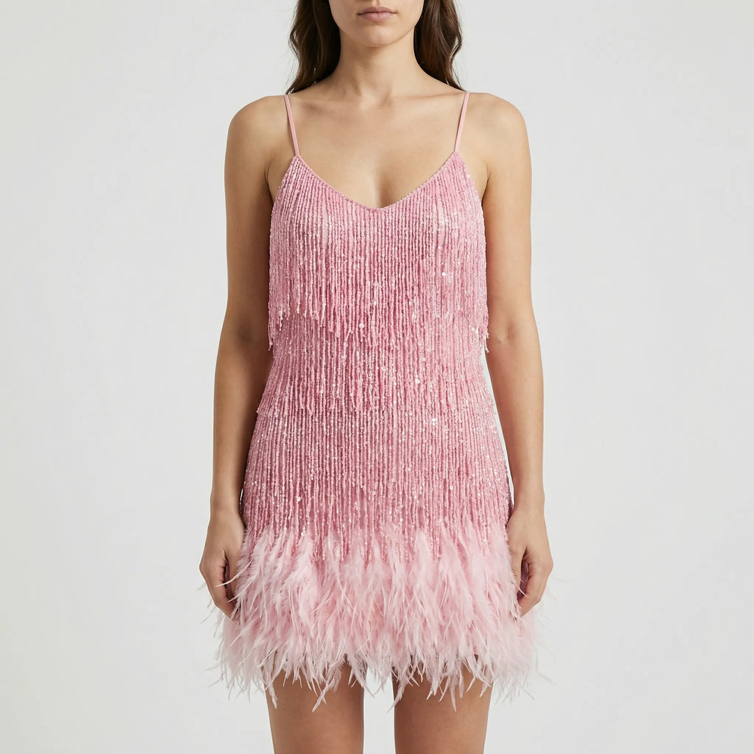 Frinvara - Sleeveless Feather Fringe Mini Dress