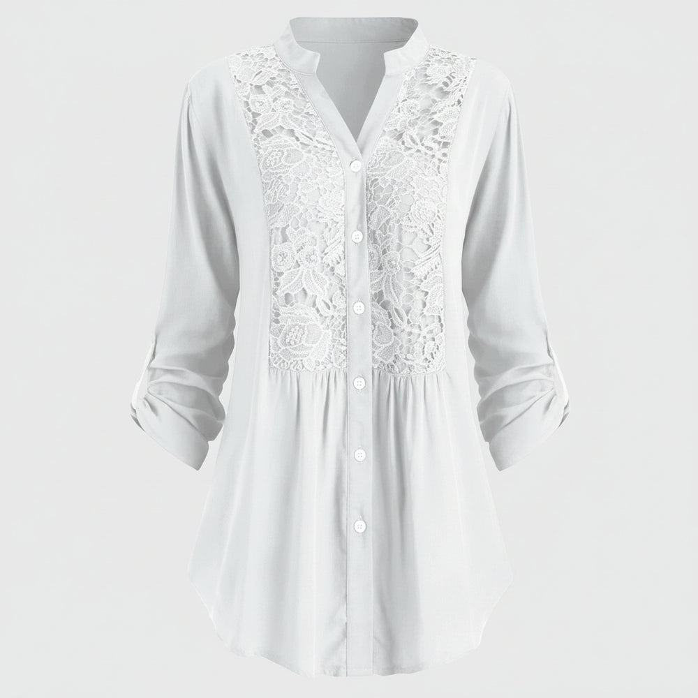 Voorkant witte lange blouse met pofmouwen voor dames