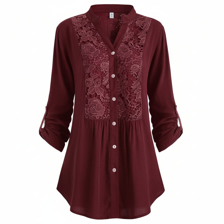 Voorkant rode lange blouse met pofmouwen voor dames
