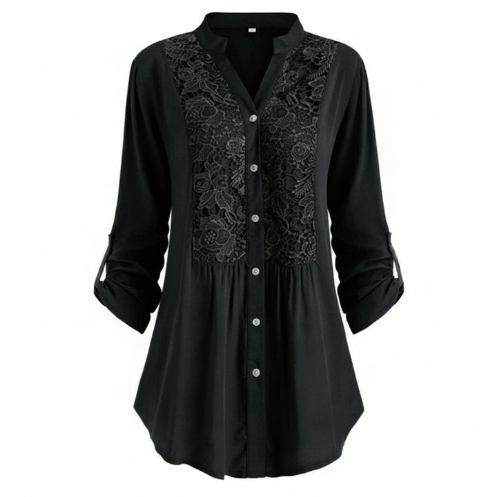 Voorkant zwarte lange blouse met pofmouwen voor dames
