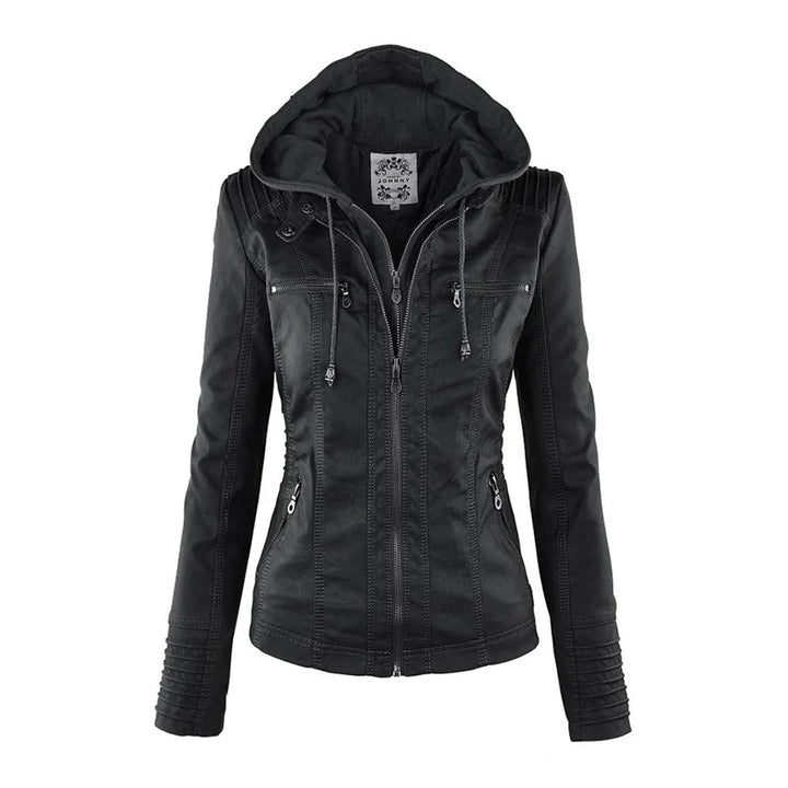 Hooded Faux Leather Moto Jacket for Women