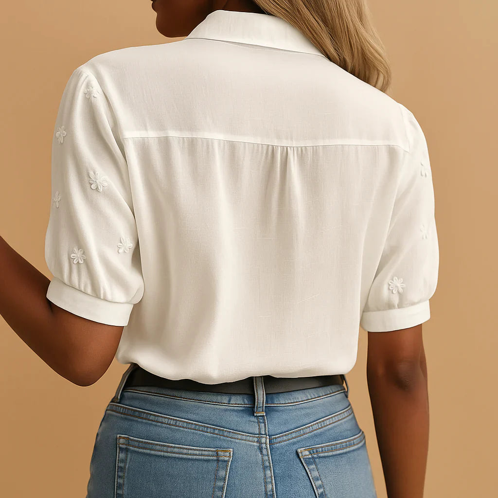 Embroidered White Blouse with Stand Collar for Women